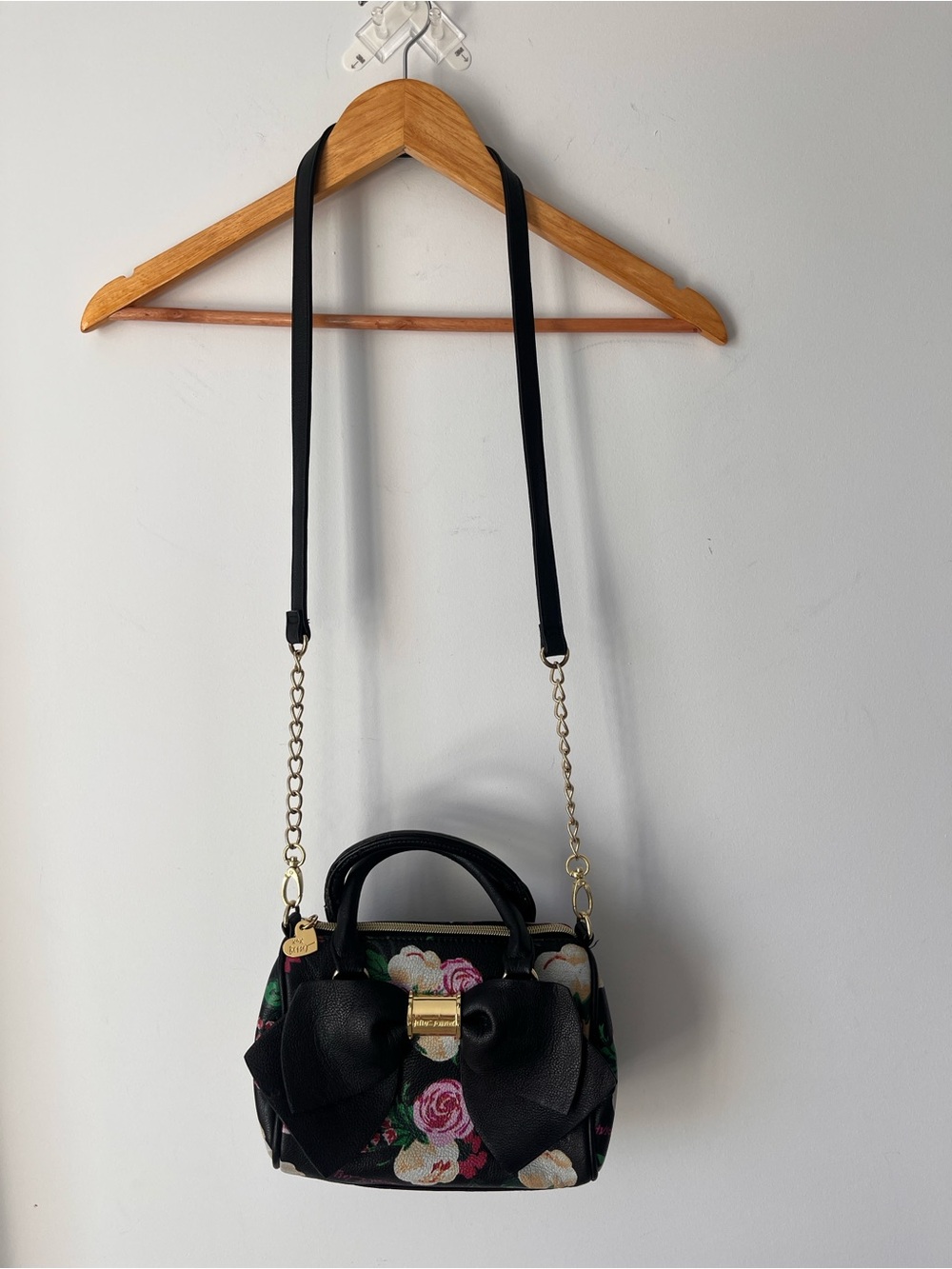2 for $40- Betsey Johnson Black Floral Satchel with Gold Hardware and Large Bow - Picture 7 of 7